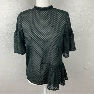 H&M dark green sheer high neck asymmetric ruffle hem blouse size 4 or xs/sm
